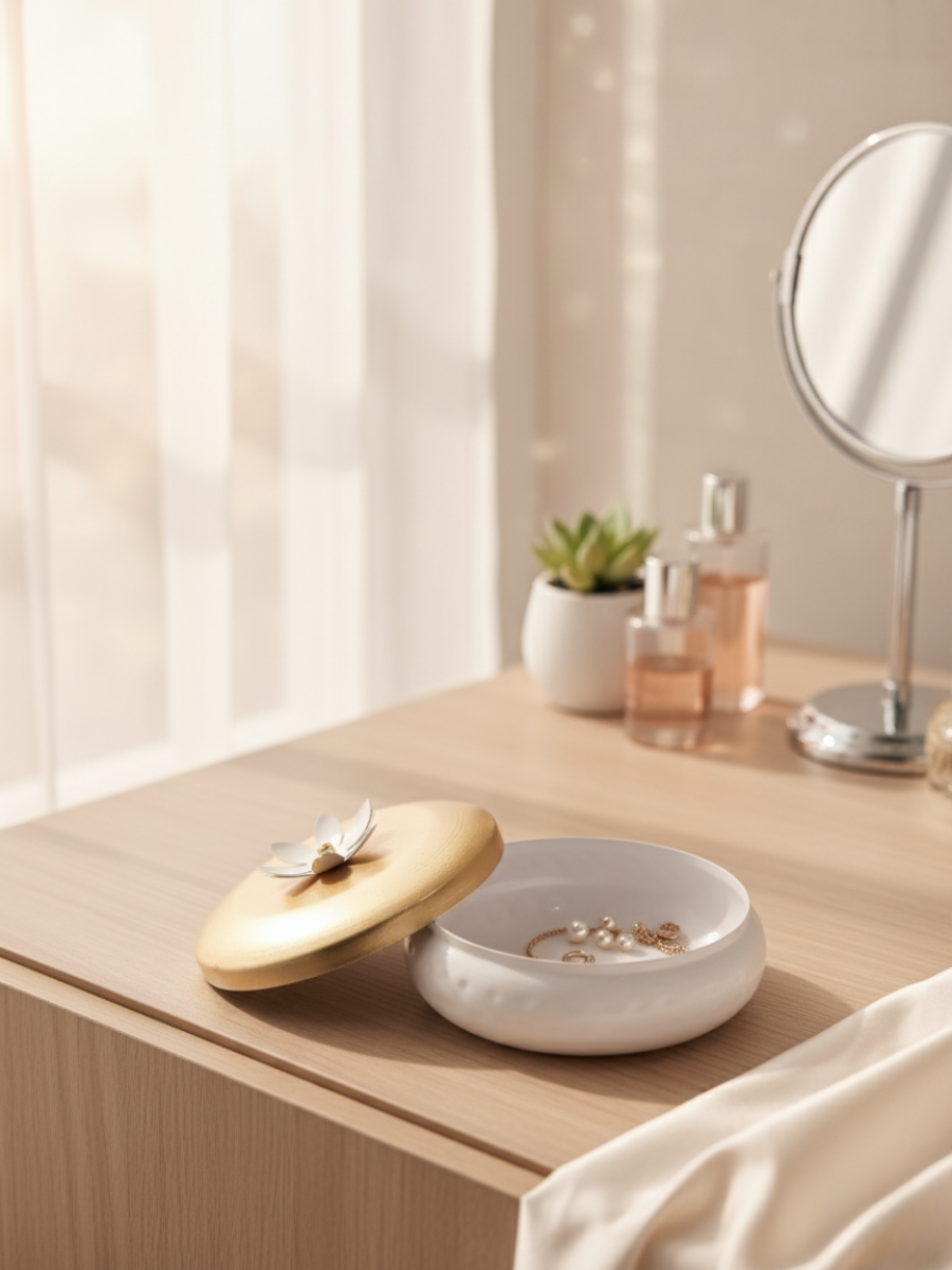 Thamboolam White & Gold Decorative Flower-Top Storage Jar with Decoration Kit