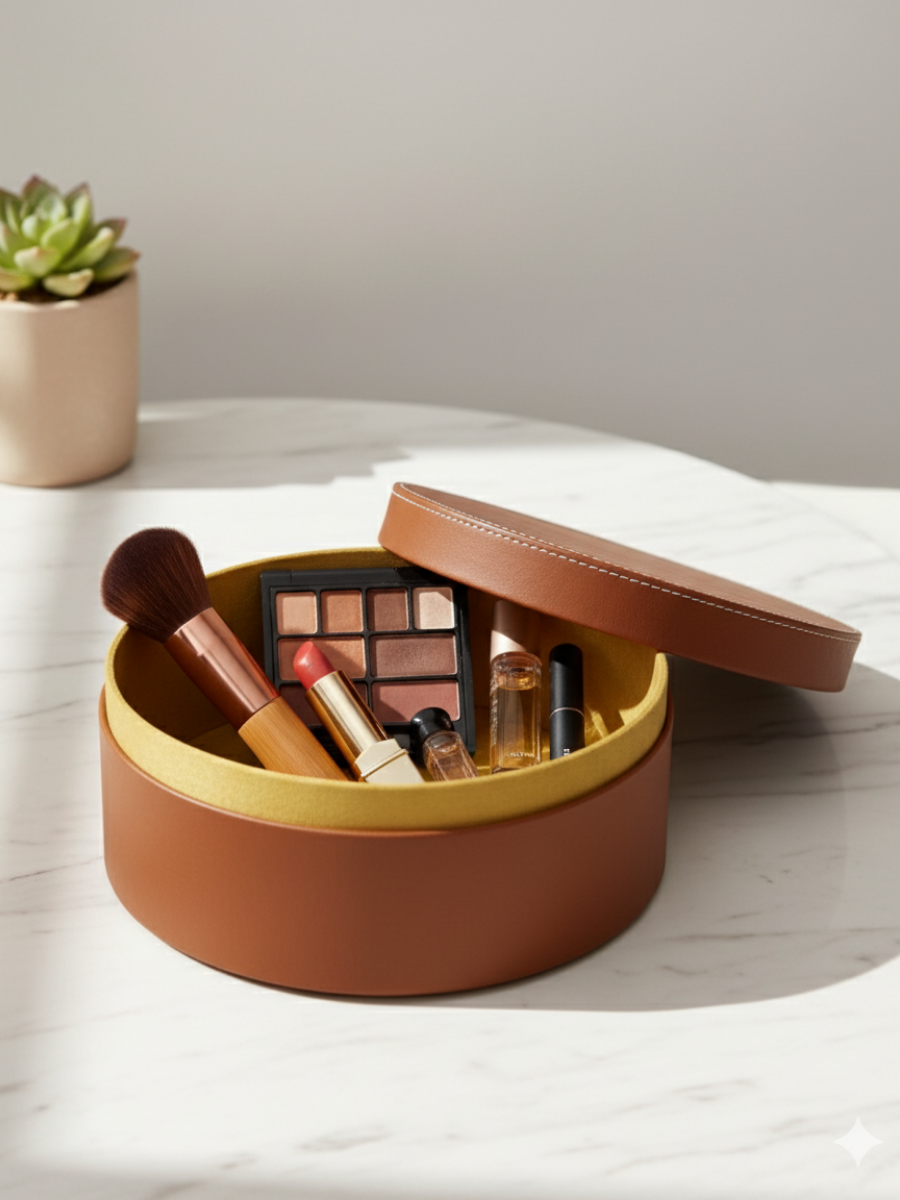 Cognac Round Multi-Purpose Storage Box with Lid - Faux Leather Finish