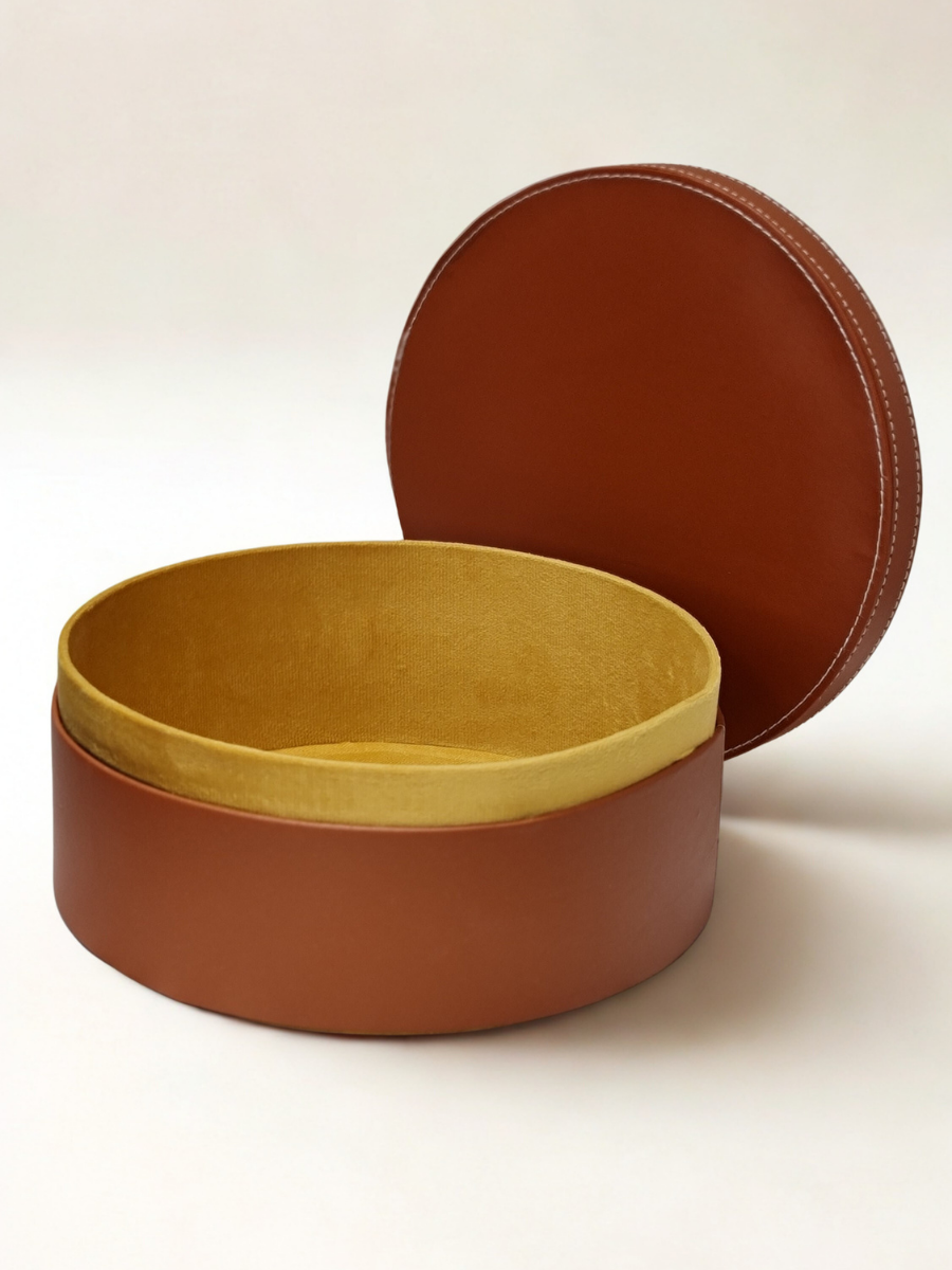Cognac Round Multi-Purpose Storage Box with Lid - Faux Leather Finish