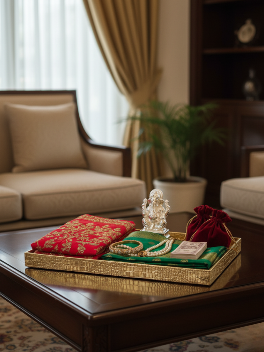 Luxurious Golden Leatherite Wedding Gift and Shagun Tray