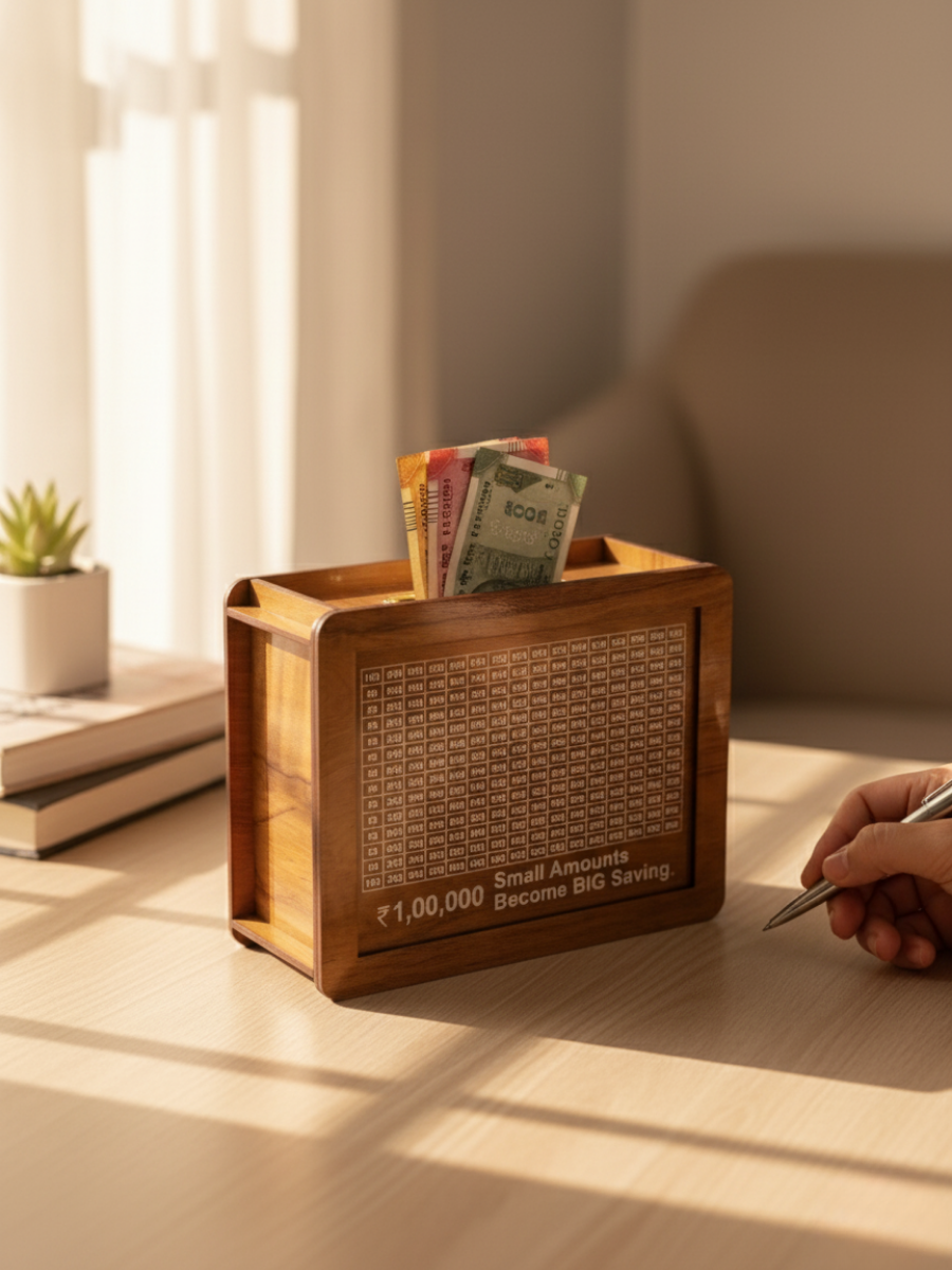 Wooden Savings Box with Clear Grid Tracker