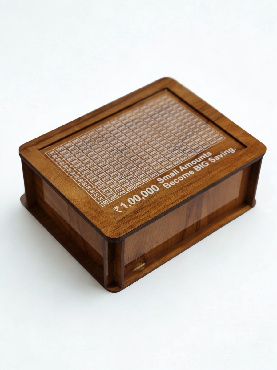 Wooden Savings Box with Clear Grid Tracker