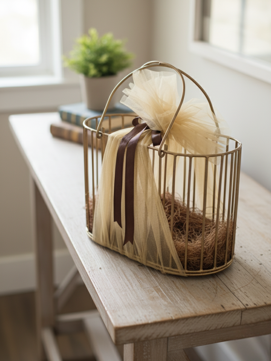 Golden Wire Basket & Premium Net Wrap Gift Hamper Kit (Cognac Ribbon Included)