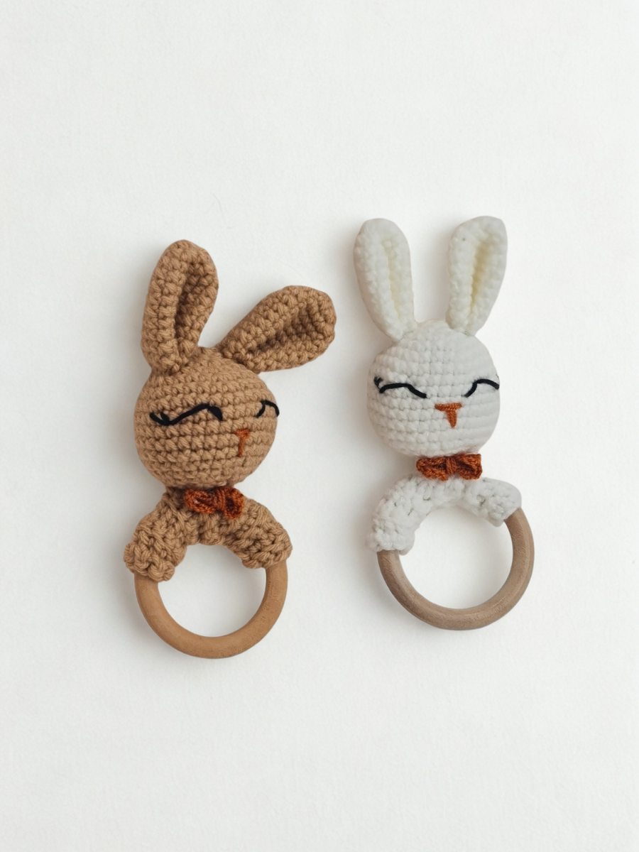 2-Pack Crocheted Bunny Wooden Ring Rattles