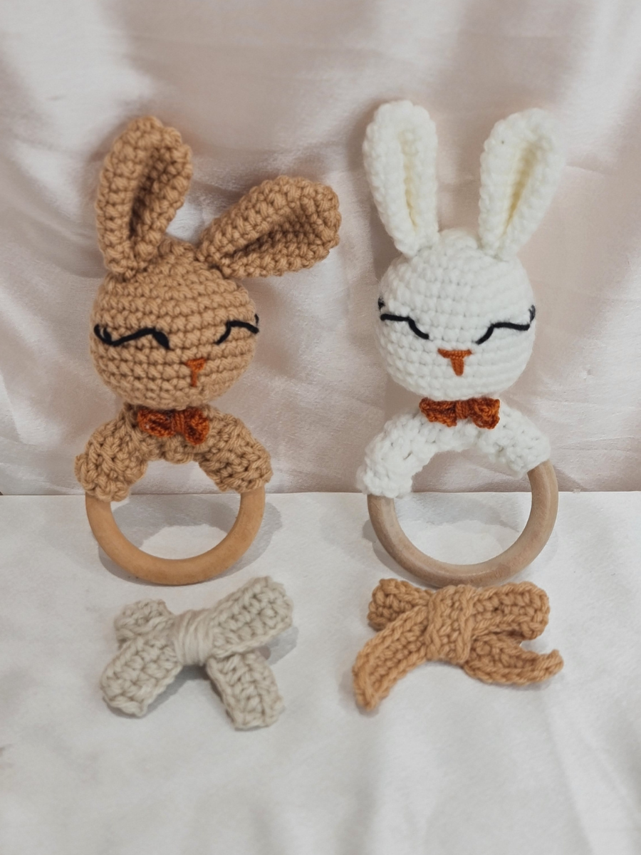 2-Pack Crocheted Bunny Wooden Ring Rattles