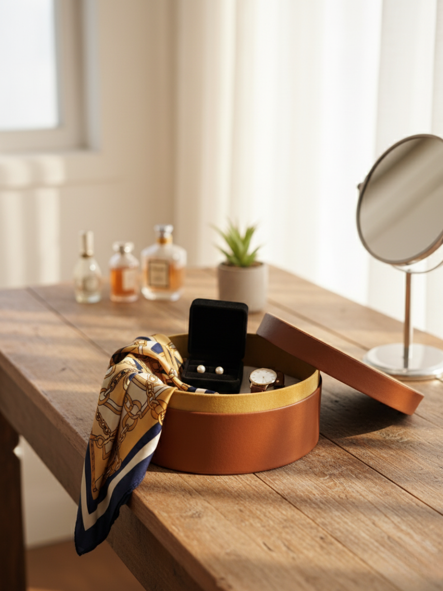 Cognac Round Multi-Purpose Storage Box with Lid - Faux Leather Finish