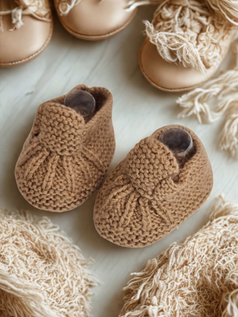 Hand-Knitted Cozy Baby Booties - Brown Color
