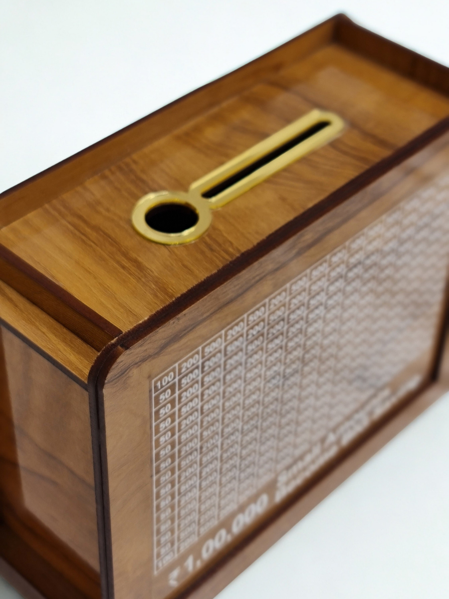 Wooden Savings Box with Clear Grid Tracker