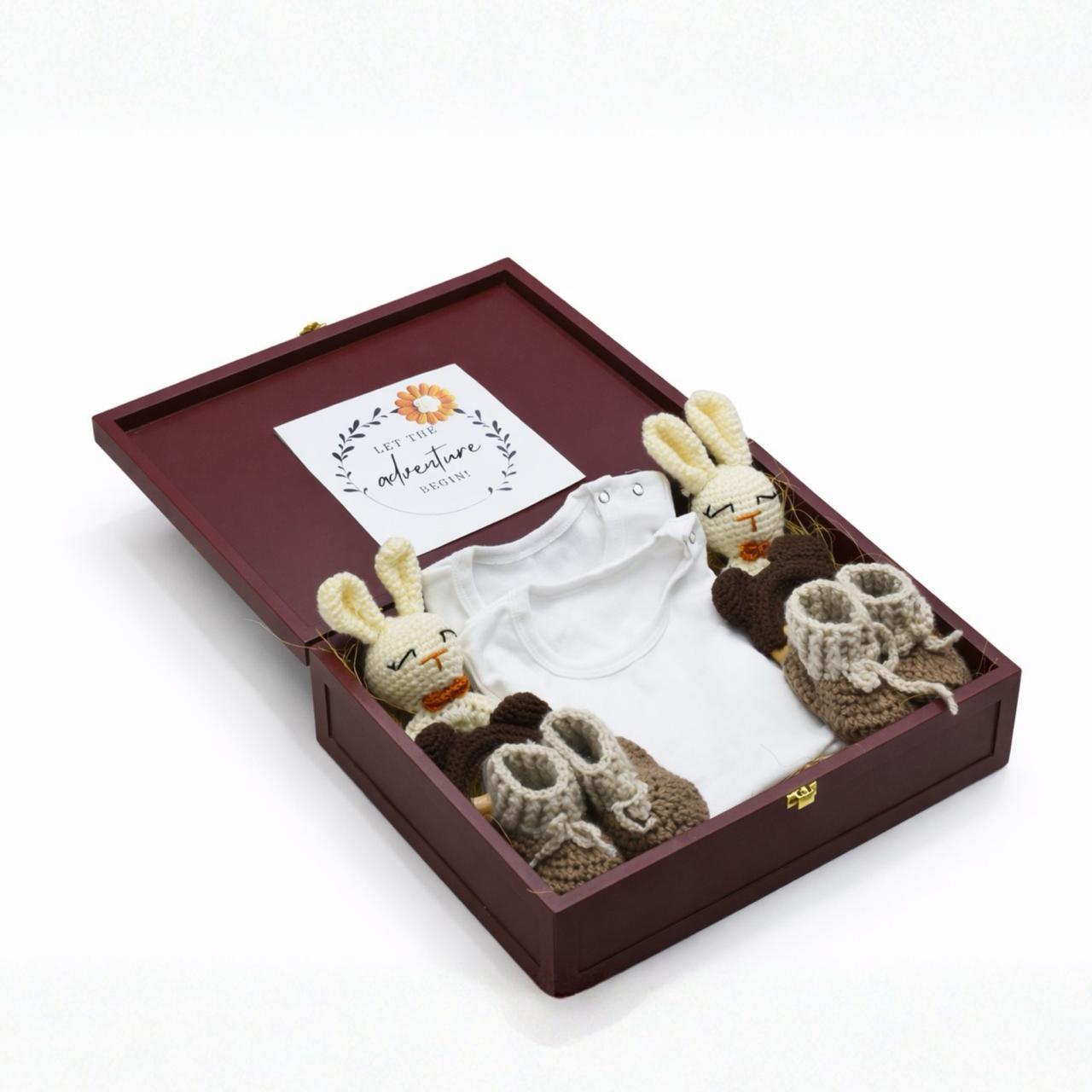 Twin Arrival Gift Hamper — Crochet Rattles, Booties & Personalised Onesies in Keepsake Box