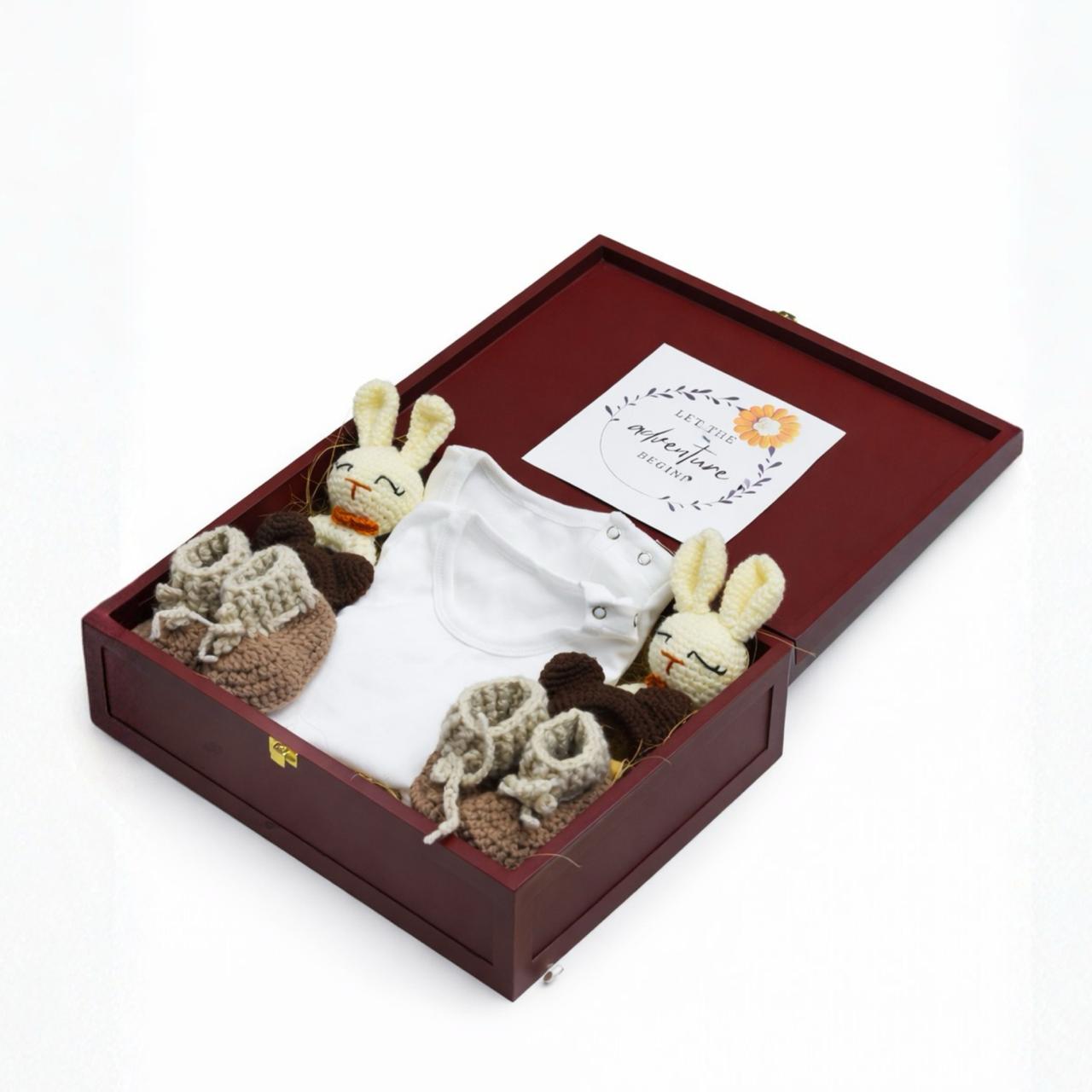 Twin Arrival Gift Hamper — Crochet Rattles, Booties & Personalised Onesies in Keepsake Box