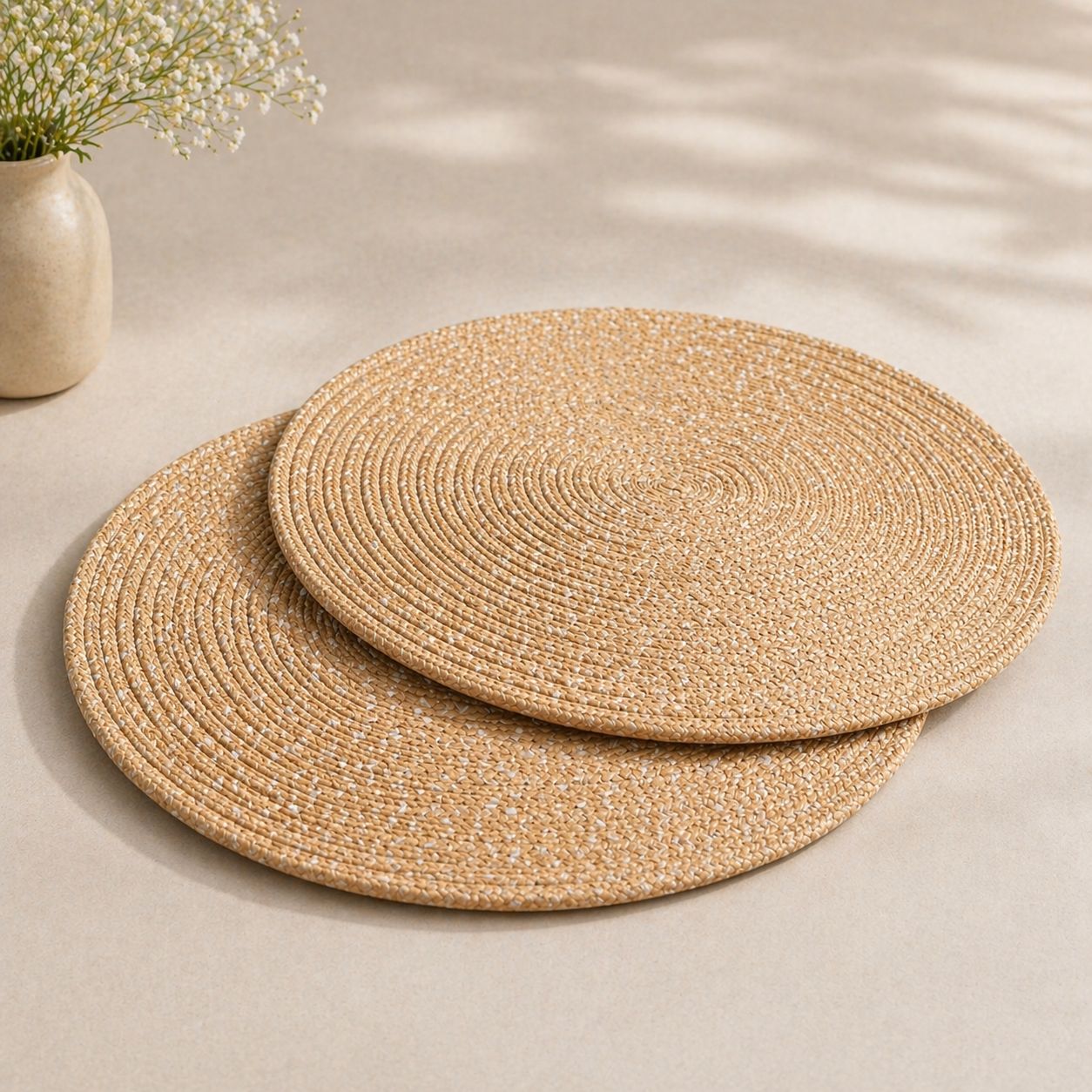 Handwoven Jute Table Mats with White Polka Dots - Set of 2 (38cm)