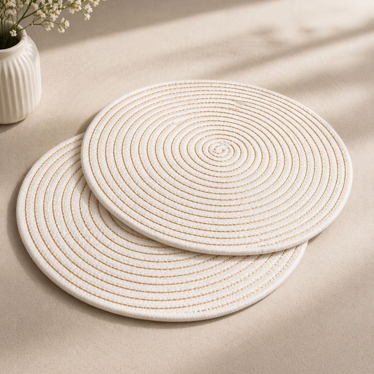 Round White & Gold Zari Table Mats Set of 2 - 38cm