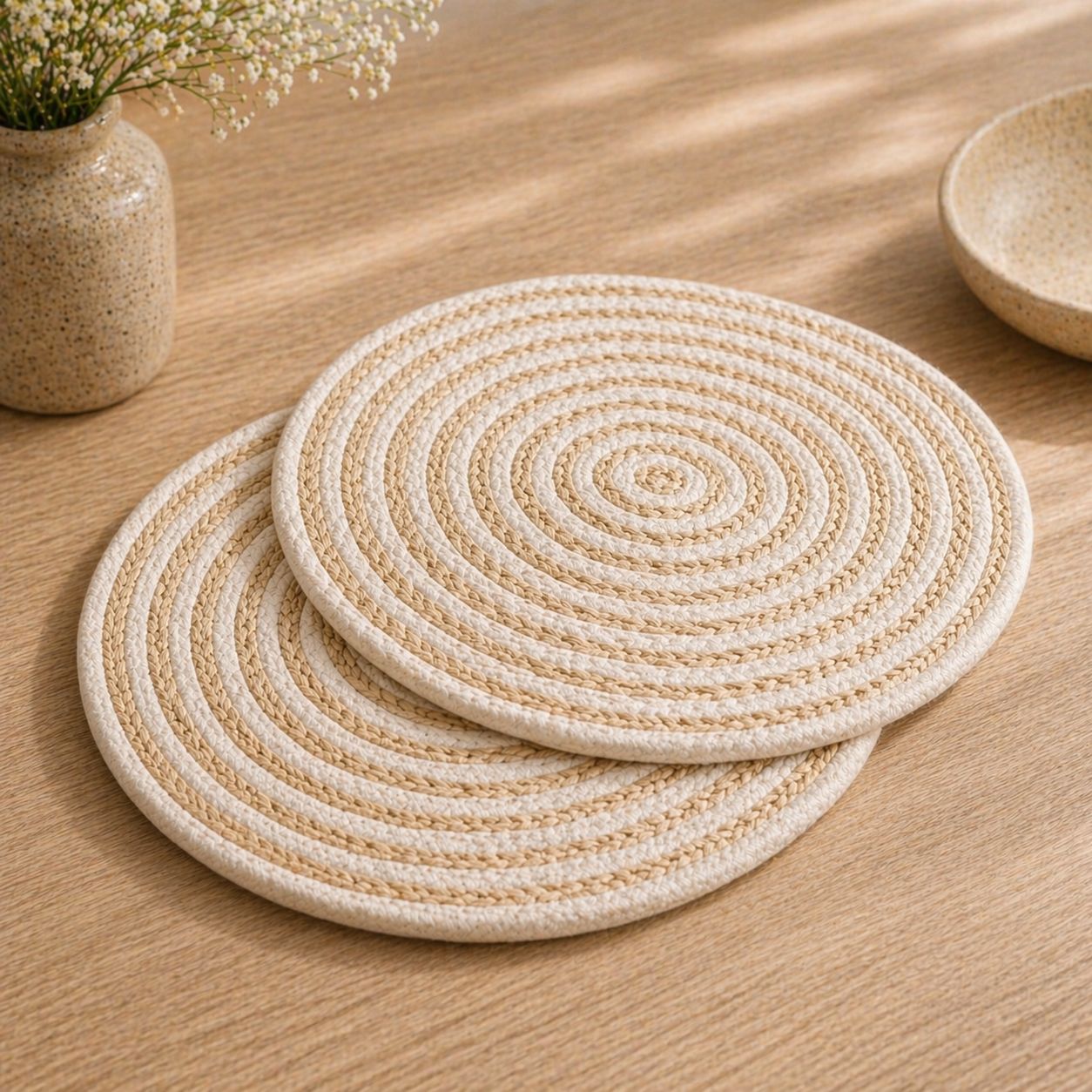 Round Braided Jute Place mats – Set of 2 (Beige & White, 38cm)