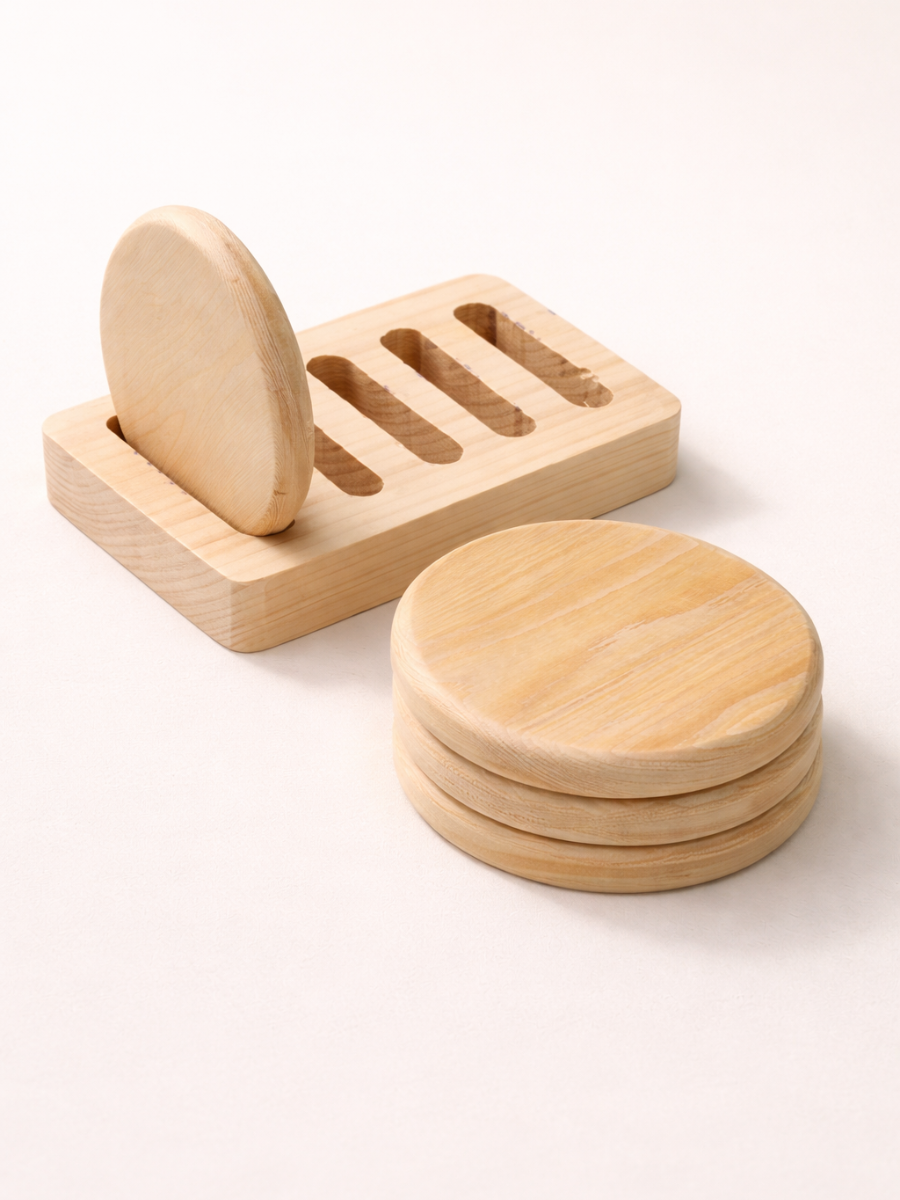 Round Pine Wood Coaster Set with Holder - 5 Piece Natural Wooden Coaster Collection