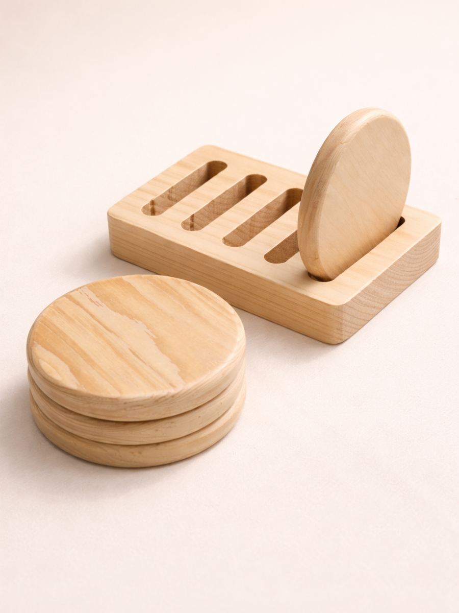 Round Pine Wood Coaster Set with Holder - 5 Piece Natural Wooden Coaster Collection