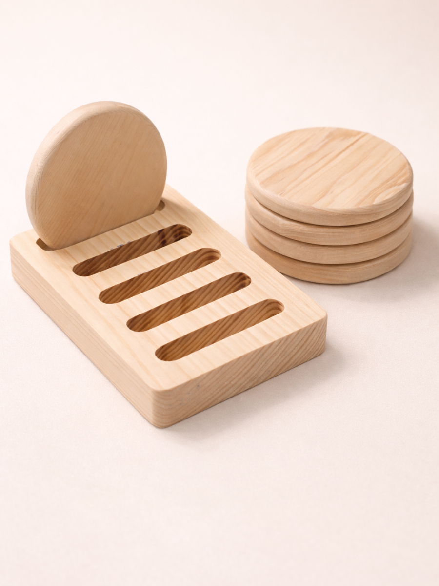 Round Pine Wood Coaster Set with Holder - 5 Piece Natural Wooden Coaster Collection