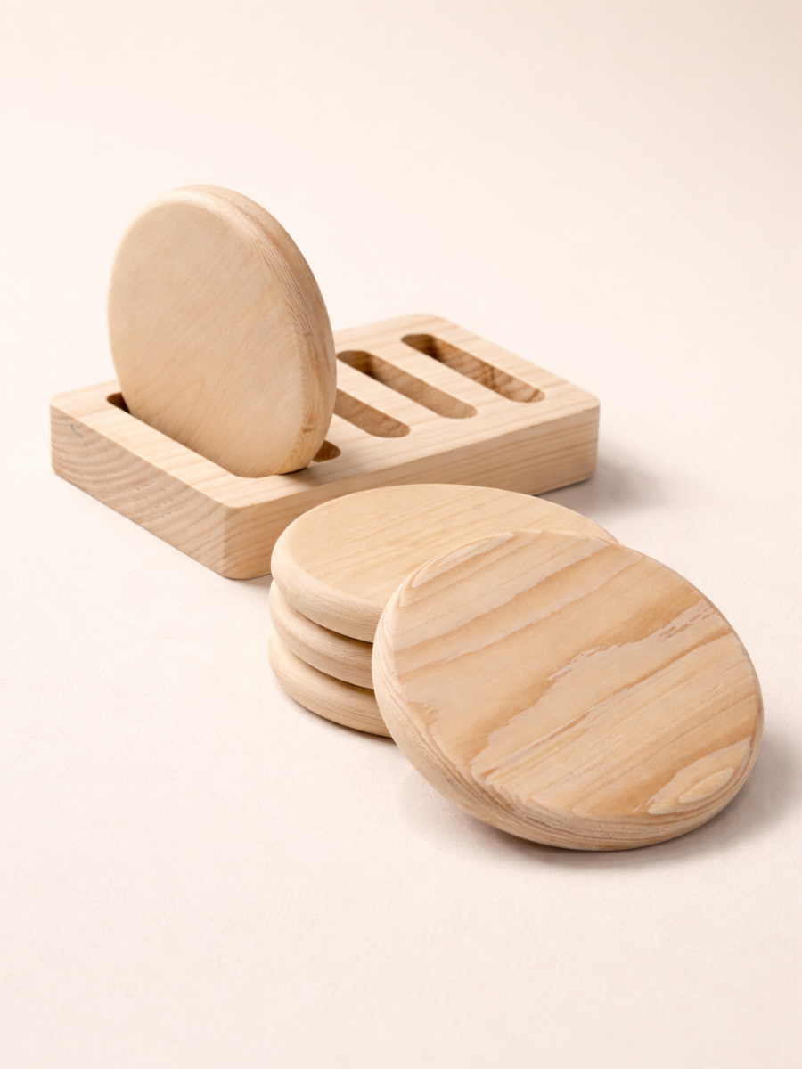 Round Pine Wood Coaster Set with Holder - 5 Piece Natural Wooden Coaster Collection
