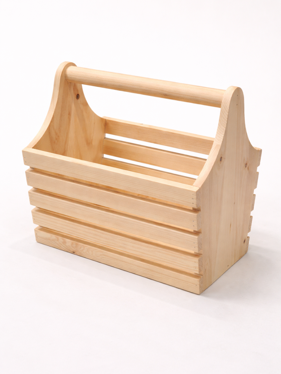 Multipurpose Pine Wood Carry Basket with Handle - Natural Wooden Storage Caddy