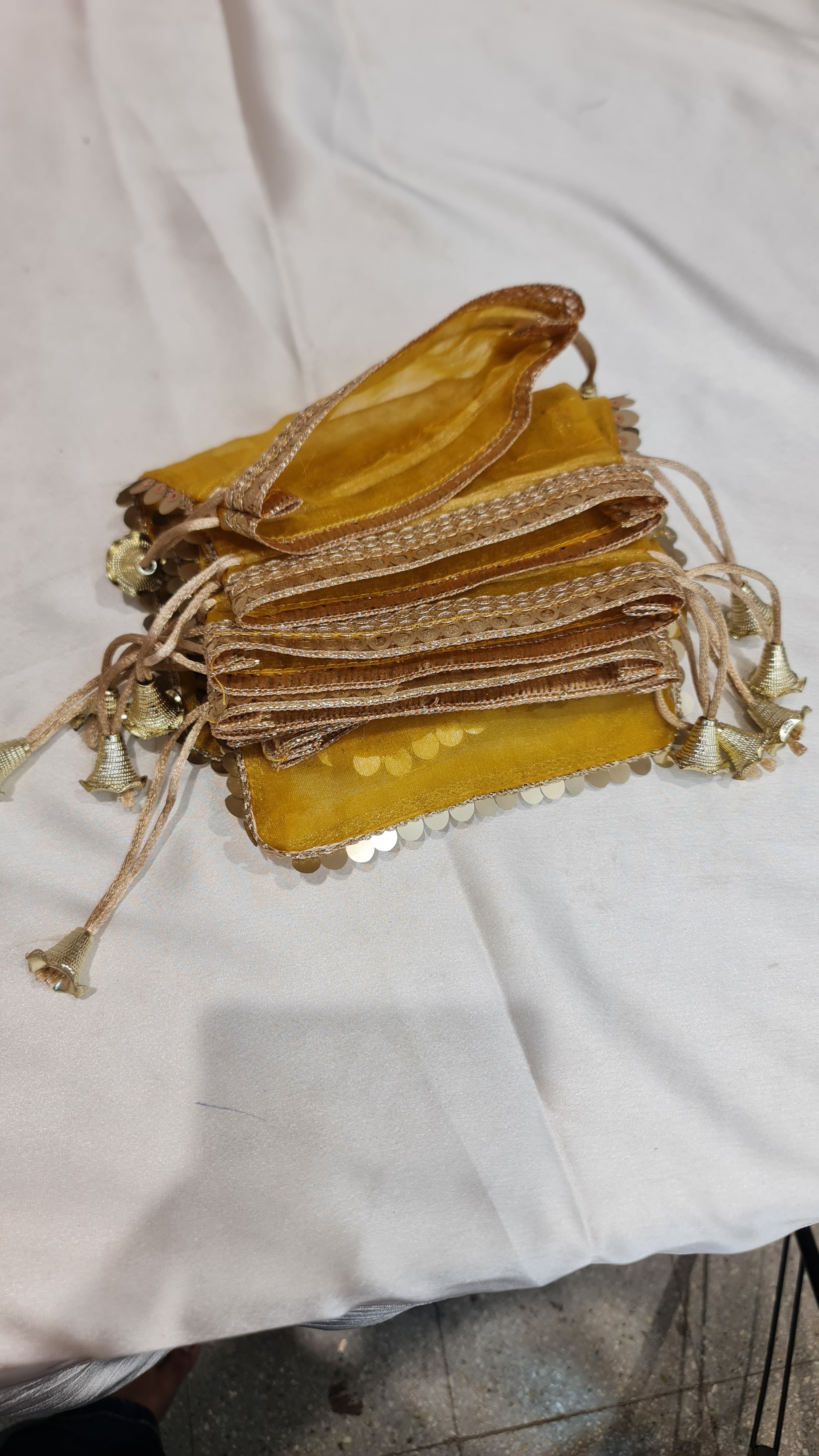 Vibrant Gold Organza Potli Drawstring Gift Bags (Pack of 10) - 14 Cm x 19Cm  Yellow