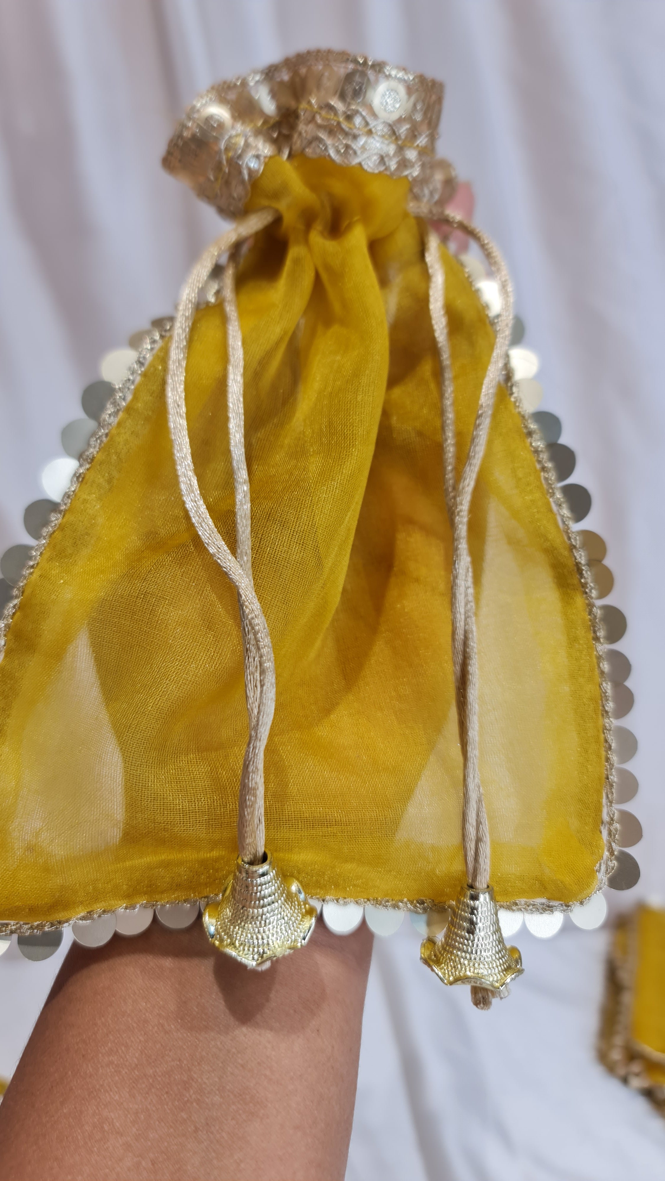 Vibrant Gold Organza Potli Drawstring Gift Bags (Pack of 10) - 14 Cm x 19Cm  Yellow