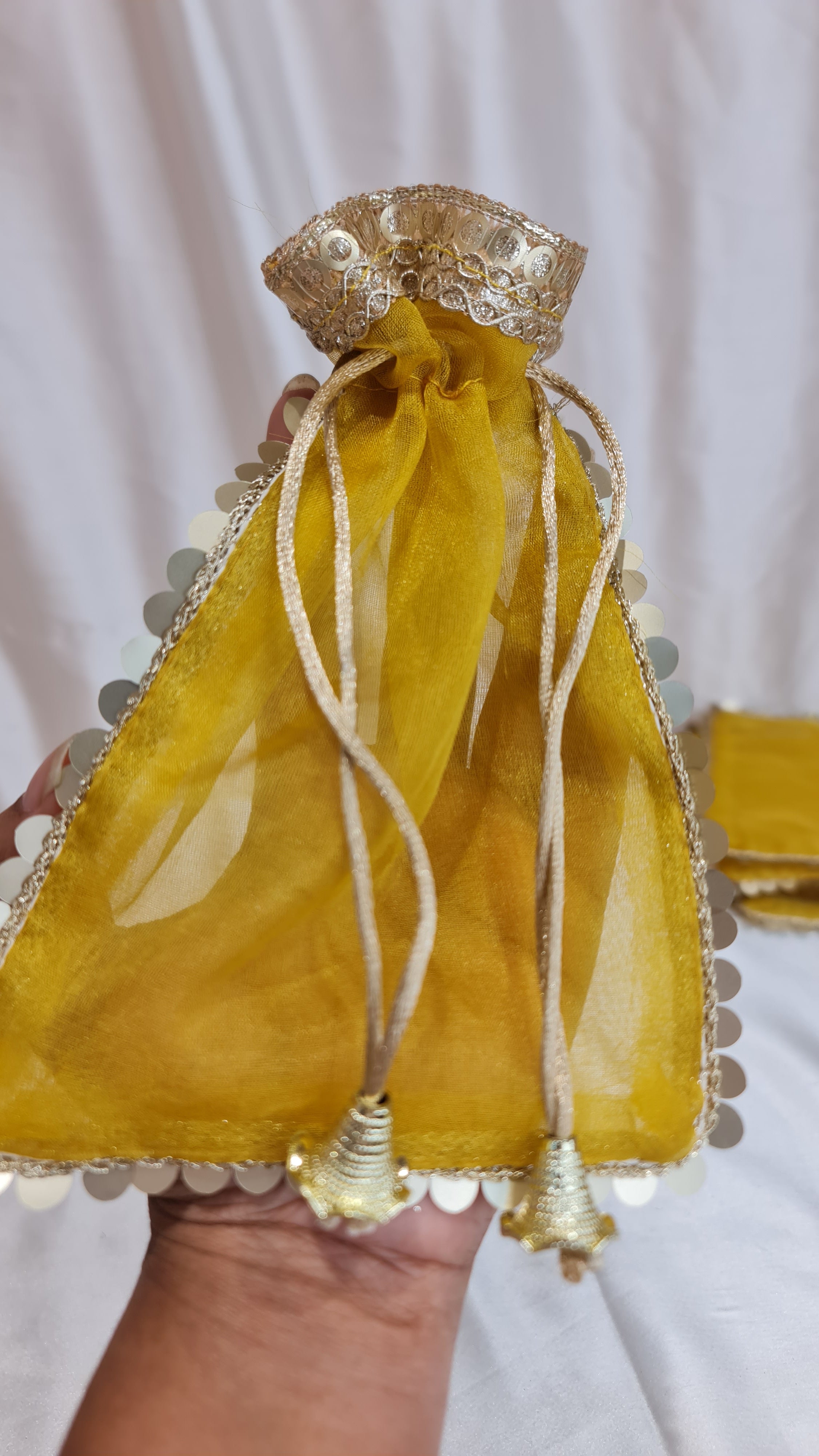 Vibrant Gold Organza Potli Drawstring Gift Bags (Pack of 10) - 14 Cm x 19Cm  Yellow
