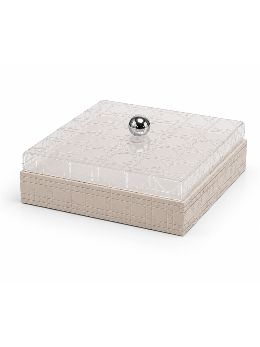 Cannage Crystal Lid Luxury Pastry & Décor Box — Cream & Silver