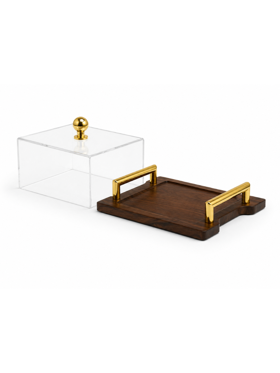 Luxury Wooden Display Tray with Acrylic Plexiglass Lid & Gold Handles
