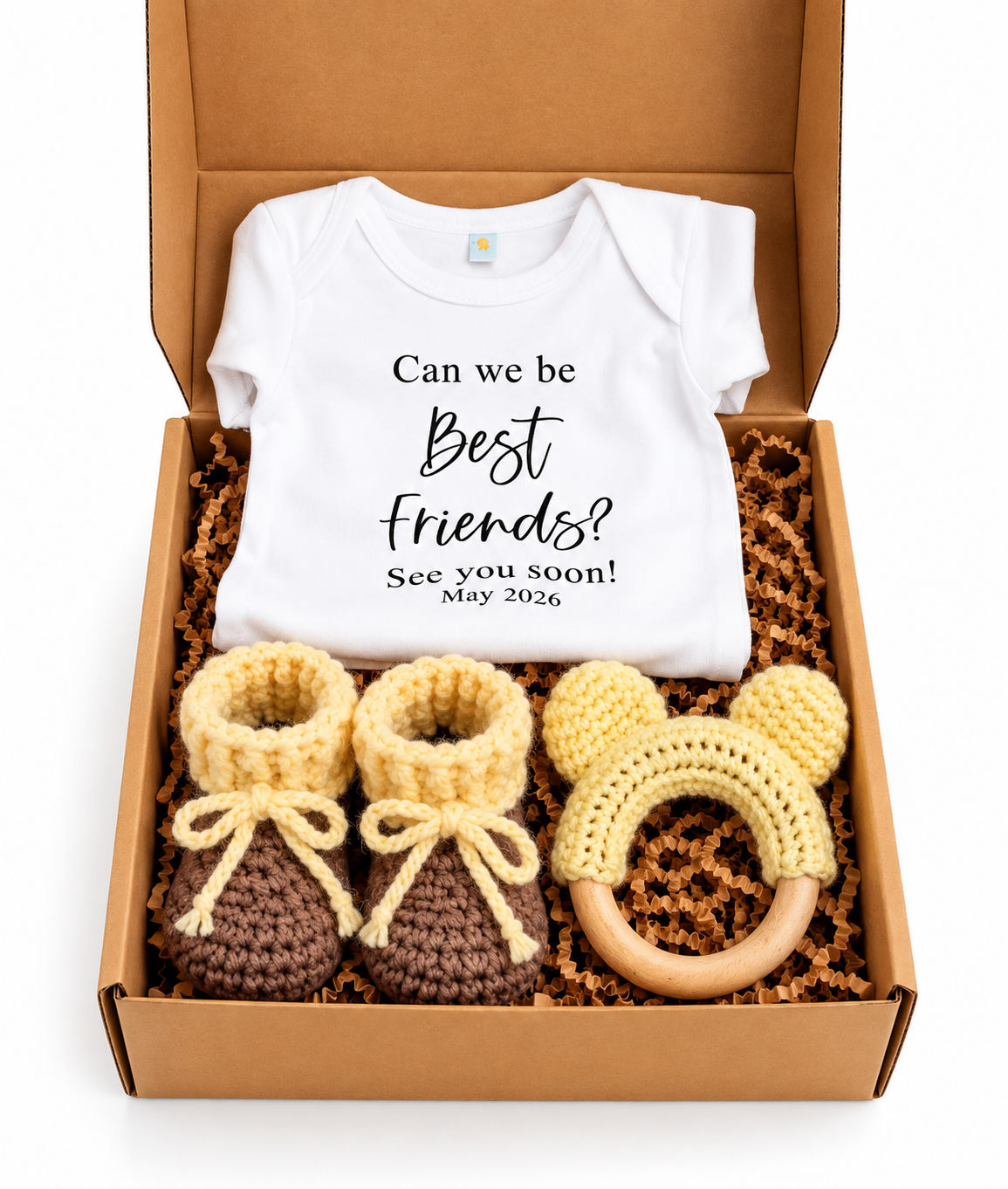 Pregnancy Announcement Gift Box – Baby Onesie, Booties, Rattle & Keepsake Magnet