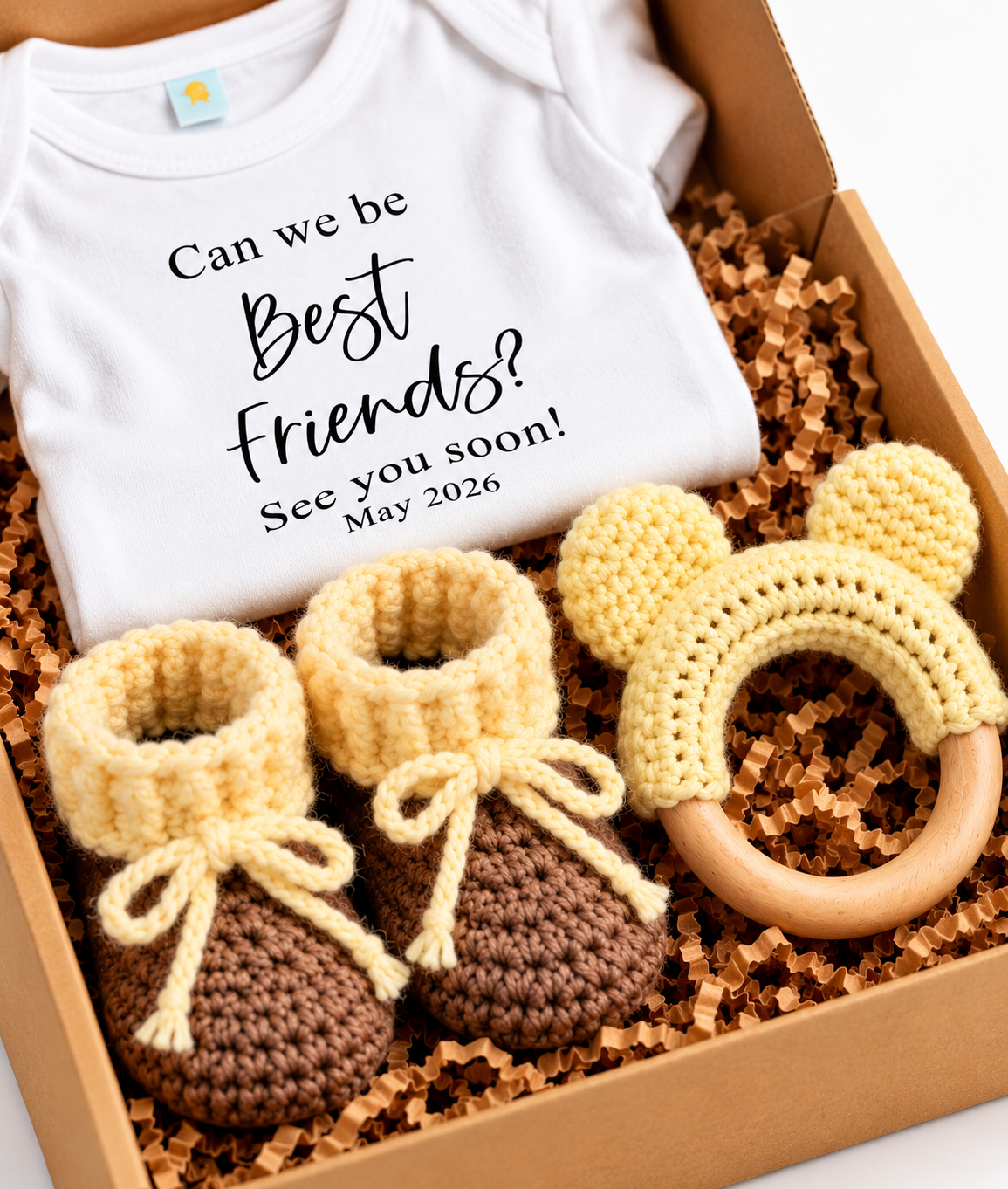 Pregnancy Announcement Gift Box – Baby Onesie, Booties, Rattle & Keepsake Magnet