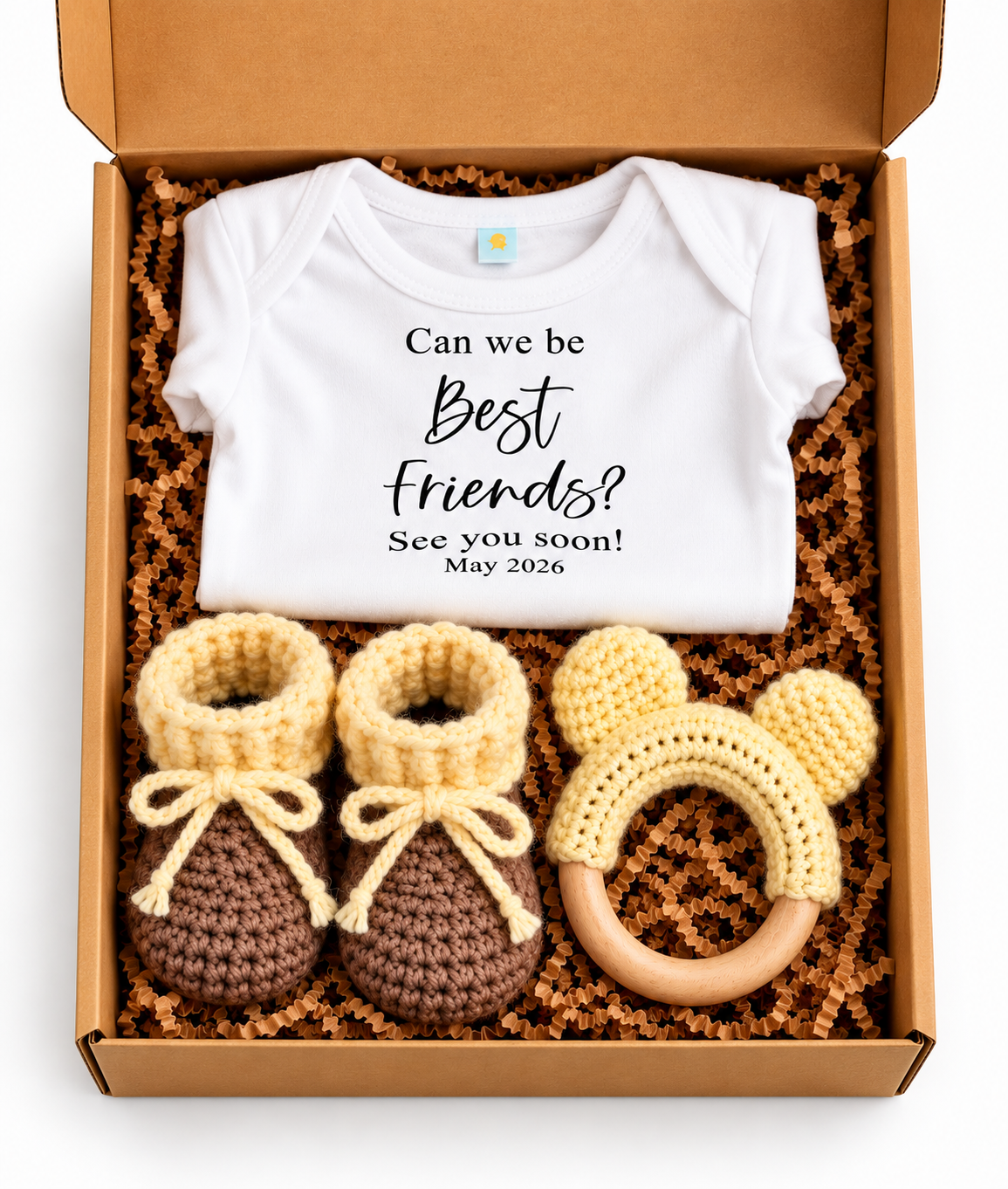 Pregnancy Announcement Gift Box – Baby Onesie, Booties, Rattle & Keepsake Magnet