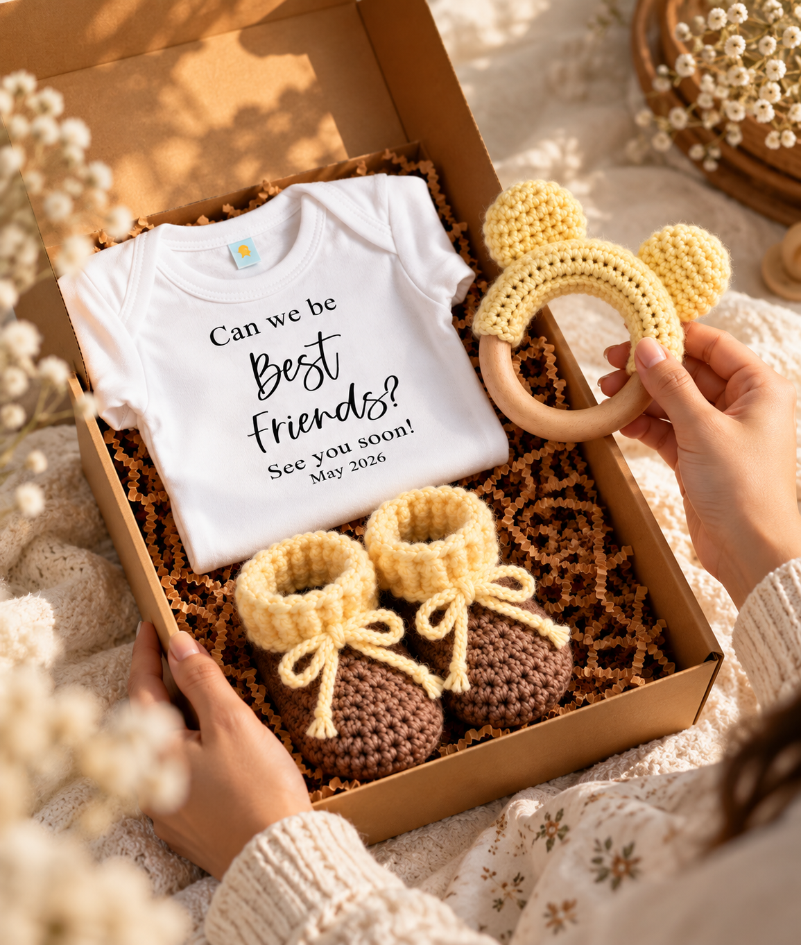 Pregnancy Announcement Gift Box – Baby Onesie, Booties, Rattle & Keepsake Magnet