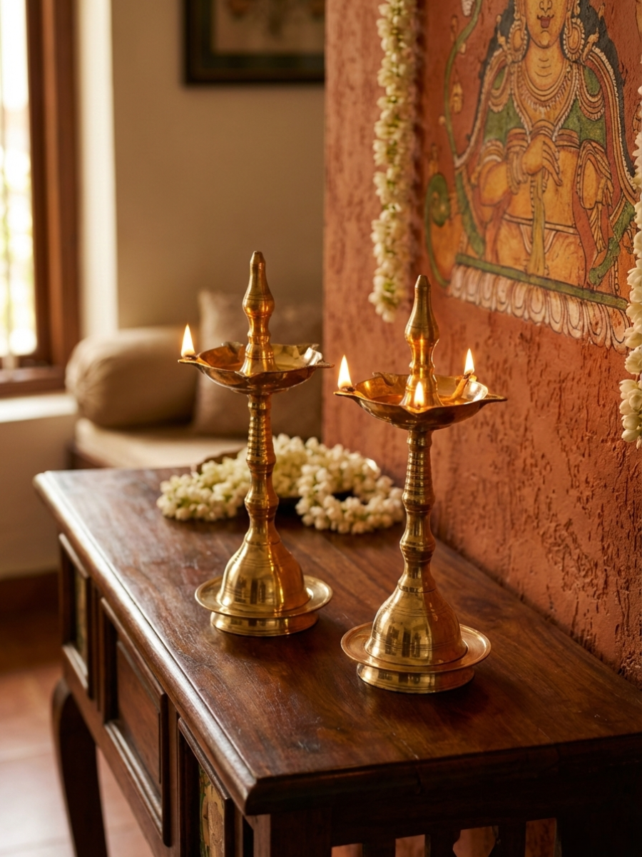 Traditional Kerala Brass Deepam Pair (25 x 10 Cm)