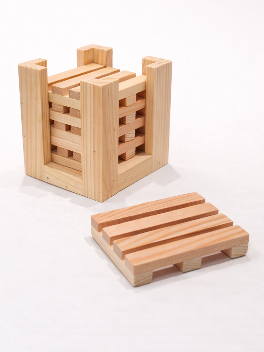 Rectangle Pine Wood Coaster Set with Holder