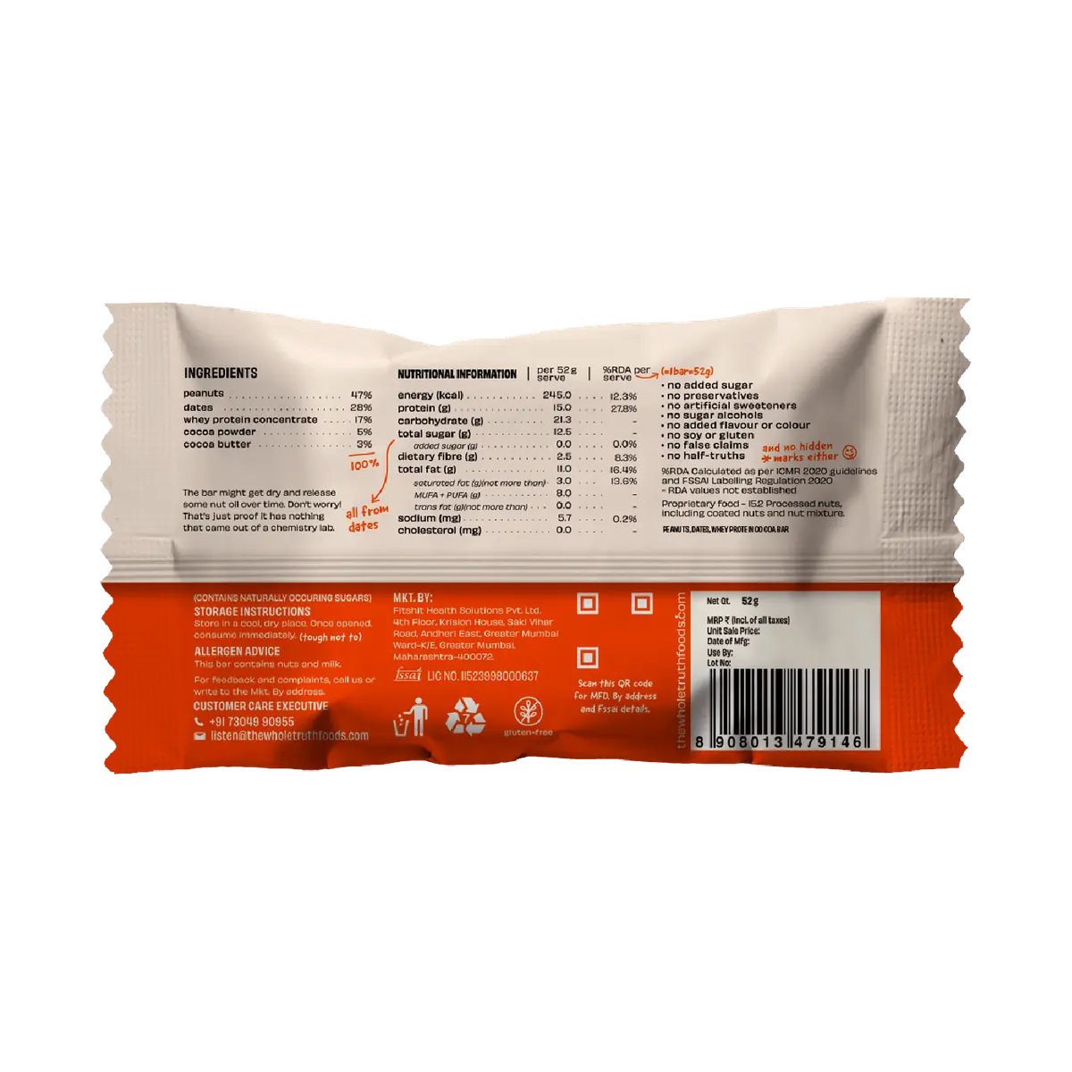 The Whole Truth Peanut Cocoa Protein Bar - 52g