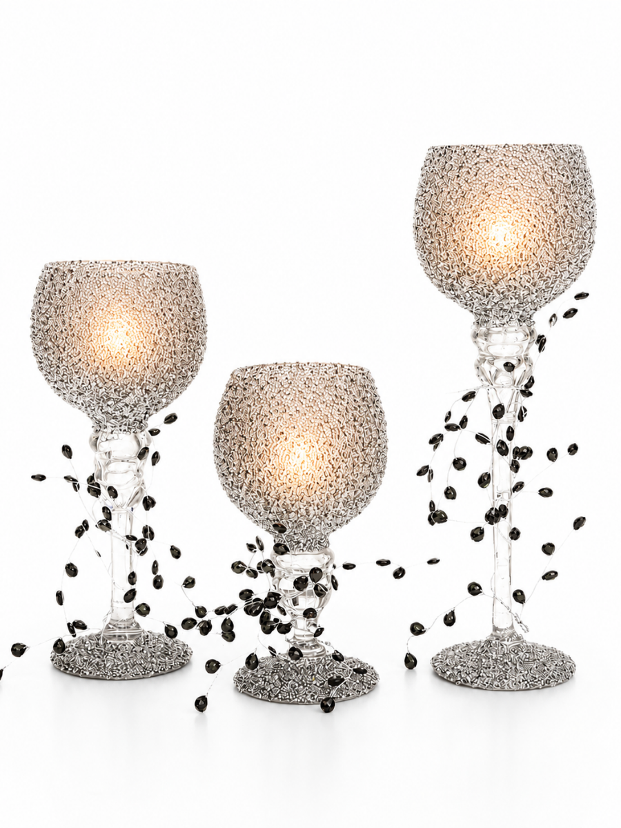 Set Of 3 Crystal Bead Goblet Candle Holder