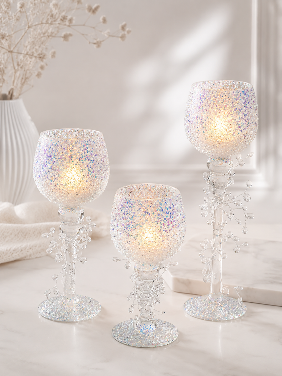 Set Of 3 Crystal Bead Goblet Candle Holder