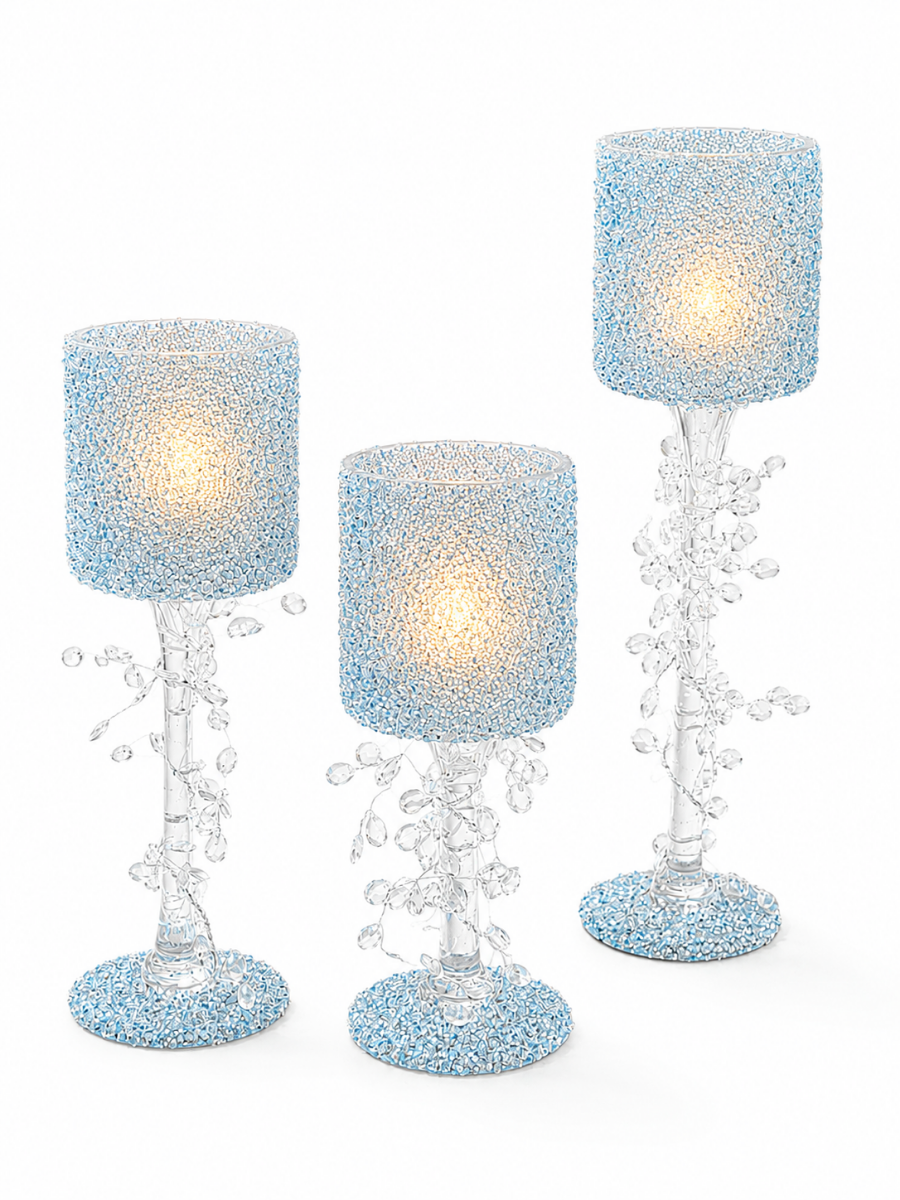 Set Of 3 Crystal Bead Goblet Candle Holder