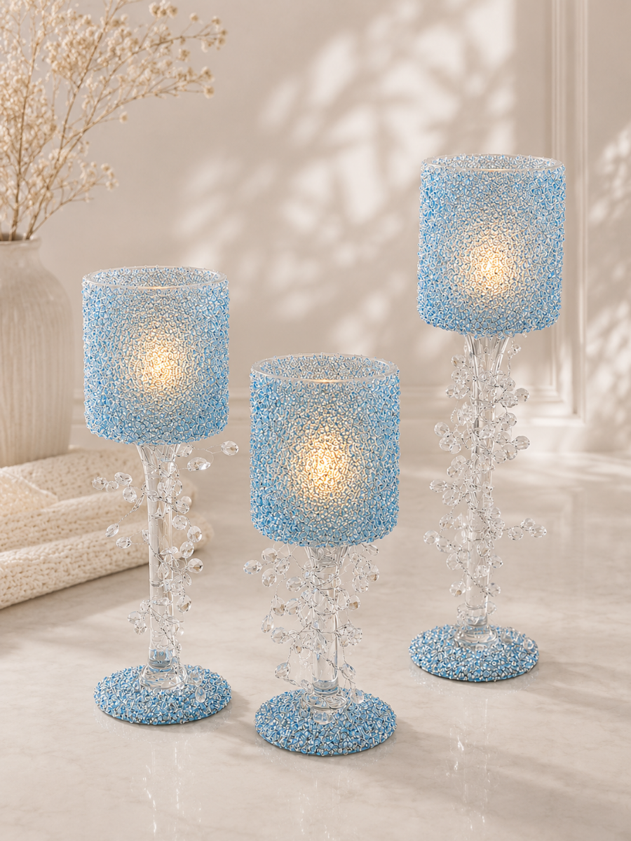 Set Of 3 Crystal Bead Goblet Candle Holder