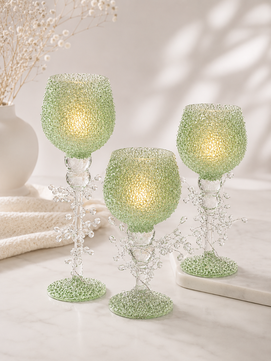 Set Of 3 Crystal Bead Goblet Candle Holder