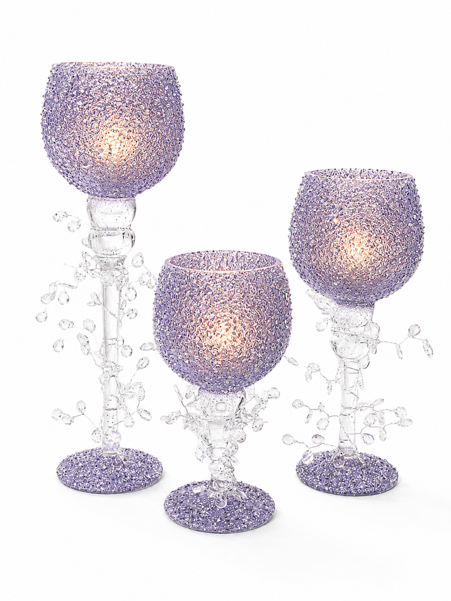 Set Of 3 Crystal Bead Goblet Candle Holder