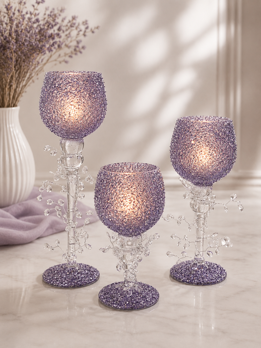 Set Of 3 Crystal Bead Goblet Candle Holder