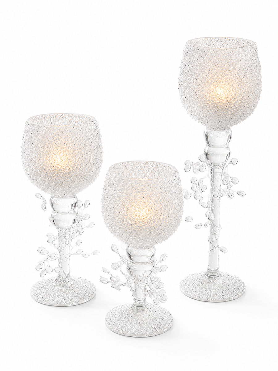 Set Of 3 Crystal Bead Goblet Candle Holder