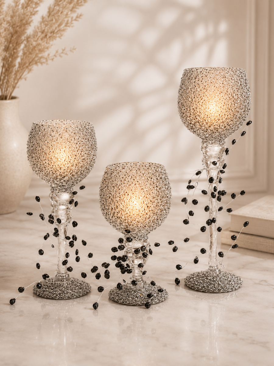 Set Of 3 Crystal Bead Goblet Candle Holder