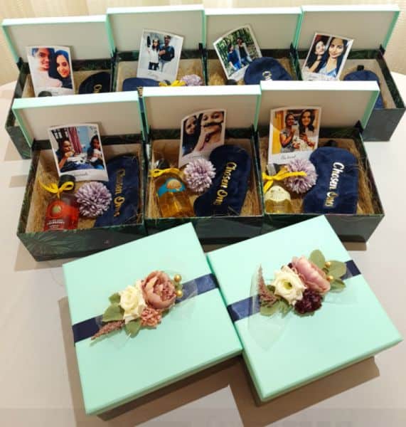 Decorative gift box with floral design and photos inside