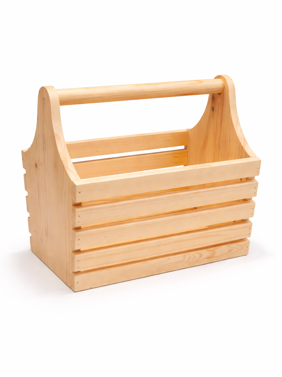 Multipurpose Pine Wood Carry Basket with Handle - Natural Wooden Storage Caddy